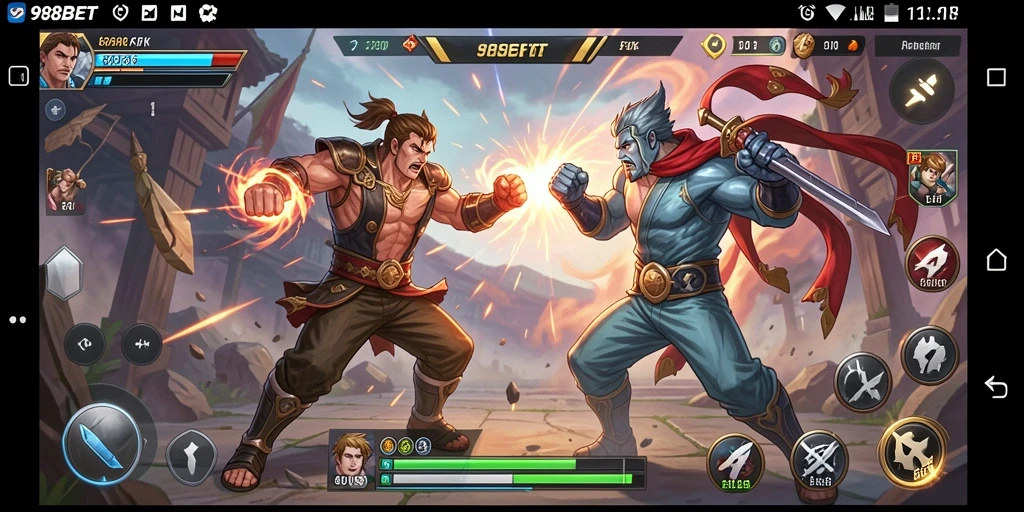 Screenshot utama 988BET menampilkan pertarungan epik dengan karakter beranimasi 3D.