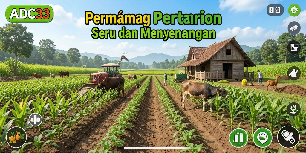 Tampilan gameplay ABC33 menampilkan kebun yang indah dan serba hijau.