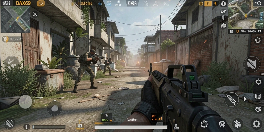 Tangkapan layar gameplay DAX69 yang menunjukkan aksi pertempuran FPS yang dinamis.