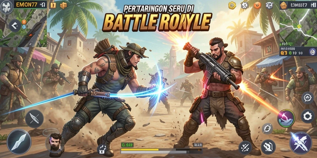 Tampilan utama gameplay seru di EMON77 dengan aksi pertarungan Battle Royale.