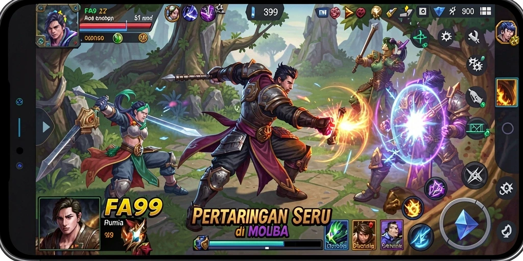 Screenshot gameplay FA99 menampilkan pertempuran epik di arena MOBA.