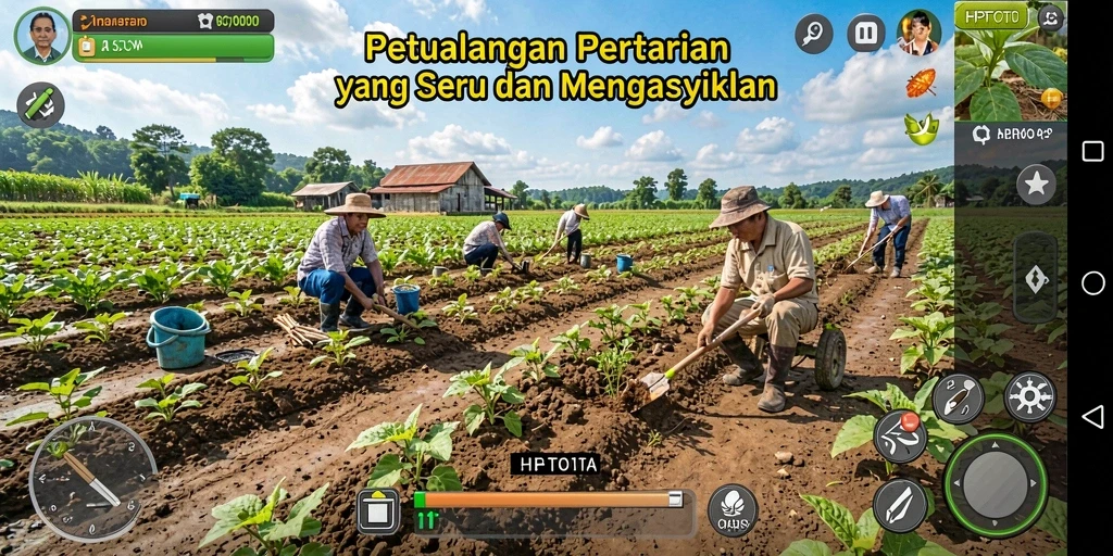 Screenshot gameplay HPTOTO memperlihatkan ladang yang subur dan hewan ternak yang aktif.