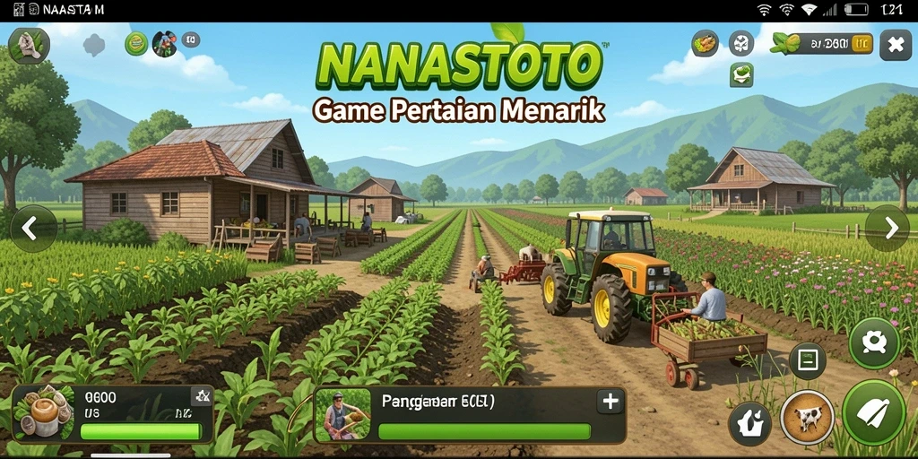 Screenshot gameplay menunjukkan kebun yang subur dan hewan-hewan yang hidup.