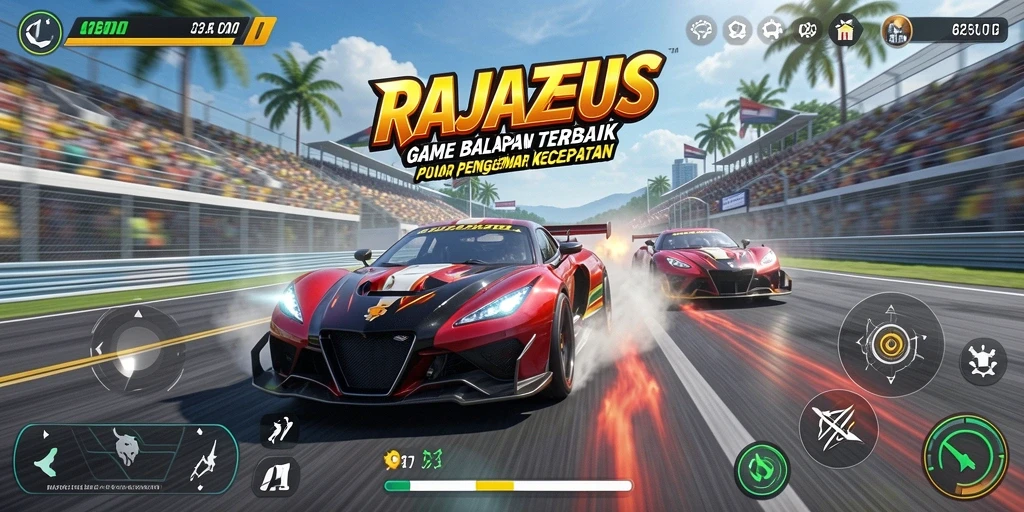 Screenshot gameplay RAJAZEUS menampilkan aksi balapan yang menegangkan.