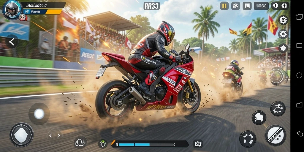 Screenshot utama RR33 menampilkan aksi balapan motor yang mendebarkan.
