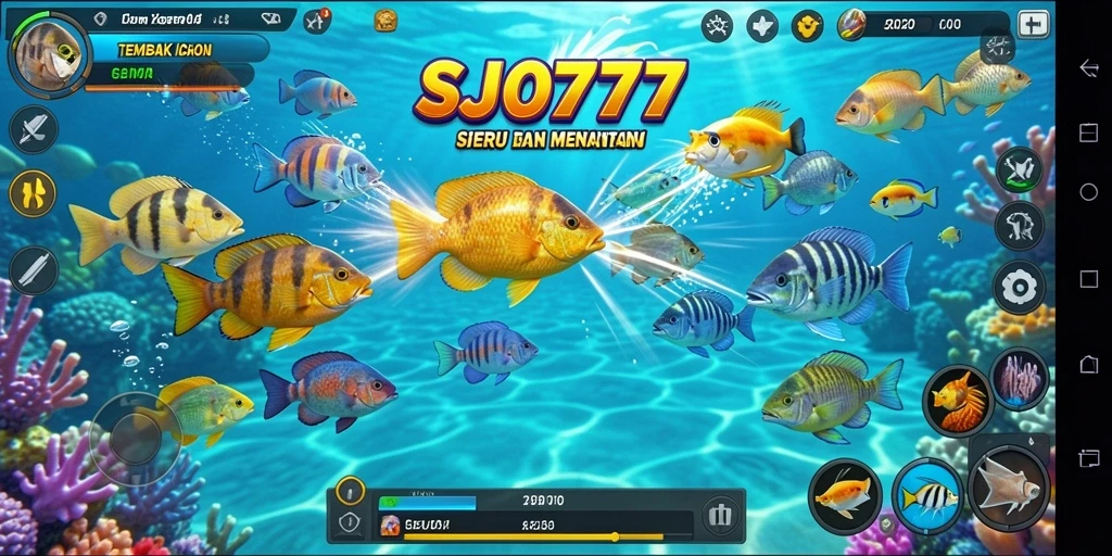 Screenshot utama dari gameplay SJO777 menampilkan aksi menembak ikan yang mendebarkan.